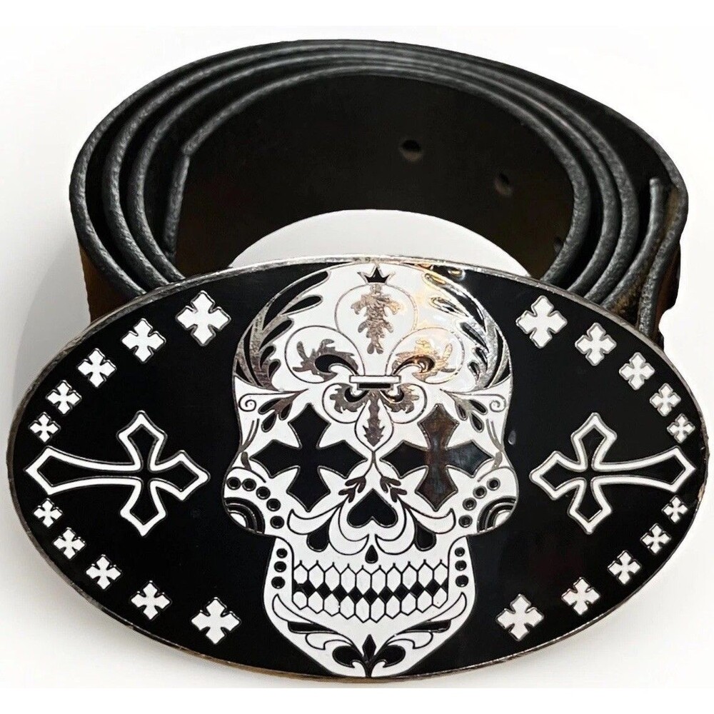 King Baby Skull Belt Buckle Sugar Skull Dia De Los Muertos Leather Size 38